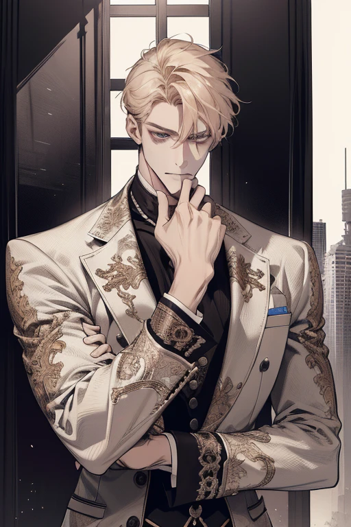 (absurdres, highres, ultra detailed), 1 male, adult, handsome, tall muscular guy, broad shoulders, casual outfit, finely detailed eyes, light color hair, complex pattern, detailed face, modern, city, best ratio four finger and one thumb, menacing, (dutch angle), closed mouth