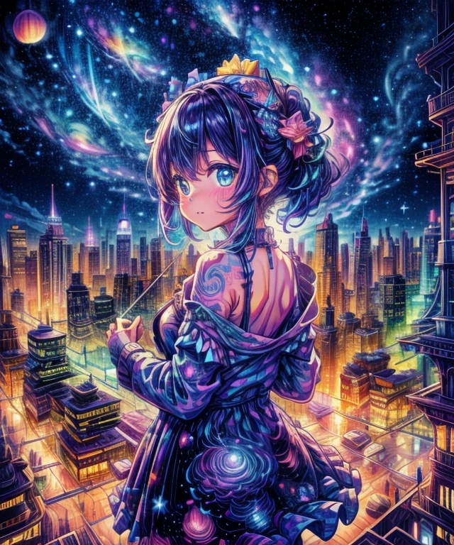 Sheet music playback、Colorful sheet music is played、Cute girl characters、 Night view from a high place、Drawing a large number of skyscrapers, Looking up at the starry sky. Surround her with colorful nebulae and colorful metropolis.