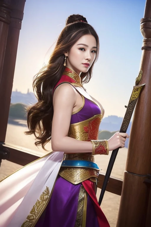 (Masterpiece，High-definition，Surreal、Digital Art:1.2)、Beautiful Female Warrior，Three Kingdoms，Fine eyes and face，Tall Woman，Chinese Warrior，Hanfu、(Dynamic pose with sword:1.2)、General temperament，Tall Woman，Strong Body，Wide ass，Cleavage、In front of the gate of an ancient Chinese castle、Full Body Portrait