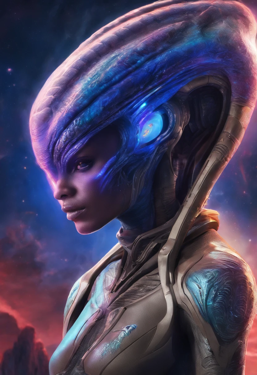 Asari, Frau, 28 Jahre, Haare sind Tentakelartig, Hautfarbe blau, Raumanzug ohne Helm, Alienplanet, artenreiche Flora und Fauna