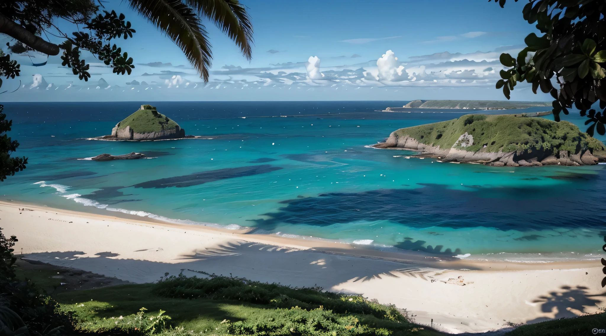 Imagine a spectacular aerial view captured by a drone, révélant des îles isolées dispersées dans un océan d'un bleu profond. Every island is a tropical Eden, avec du sable fin encerclant leurs contours comme des auréoles dorées, contrastant magnifiquement avec l'azur de l'eau environnante. These islands are crowned with dense palm trees, whose green leaves add a richness of color and lively texture to the scene, evoking an oasis of tranquility and'isolement parfait. Il est environ 17 heures, et le soleil, approchant de l'horizon, baigne le paysage d'une lumière dorée et douce. This end light'afternoon accentuates the serene beauty of the islands, with the elongated shadows of the palm trees adding depth and dynamism to the view. Le contraste entre les zones ensoleillées et les ombres crée une dimension supplémentaire, showcasing the unique topography of each island. L'atmosphère est claire, permettant une visibilité parfaite des détails à couper le souffle des îles, depuis les ondulations du sable jusqu'aux vagues délicates frangeant les rivages. La vue d'ensemble offre une perspective unique sur la disposition naturelle et la beauté isolée de ces îles, invitant à la contemplation et à l'évasion. This image is designed to capture the'essence de la découverte et de l'wonder, representing the majesty and tranquility of the island landscapes seen from'en haut. Les éléments naturels - l'eau, le sable, les palmiers, et la lumière du soleil de fin d'aprèidi - s'unissent harmonieusement pour créer une scène à la fois paisible et inspirante, symbolisant la beauté intacte et sauvage de la nature.
