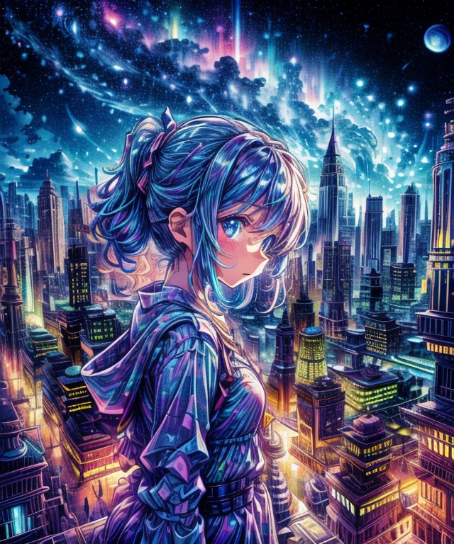 Sheet music playback、Colorful sheet music is played、Cute girl characters、 Night view from a high place、Drawing a large number of skyscrapers, Looking up at the starry sky. Surround her with colorful nebulae and colorful metropolis.