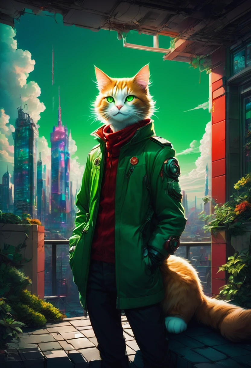 1boy,(human:1.5),Person Standing on the Rooftop,aesthetic,Person Standing on the Rooftop and Rookwood Studios Studio 2010 Anime Series, square enix anime decora green colored theme, robotech styling with red accents and a white cat on the left, artwork by Studio Ghibli, Makoto Shinkai, Artgerm, Shinkai America, Portra 400, catboy 6 0 s, anime masterpiece, art by artgerm and greg rutkowski and alphonse mucha, high detail, volumetric lighting, 8k