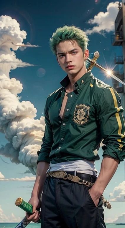(Qualidade 4k),Roronoa (Qualidade 4k),Roronoa Zoro, 1 menino, Roupa Nike, blue skies, ((Three swords at the waist)),