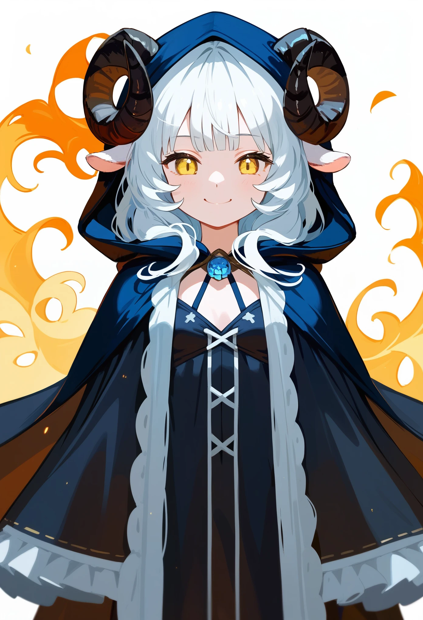 (score_9, score_8_up, score_7_up), 1girl, solo, (sheep horns, curled horns, black horns:), (black sheep ears), white hair, long hair, hime cut, long bangs, pale skin, yellow eyes, evil smile, smug, :>, small breasts, standing, (hooded cloak, cultist cloak, hood on, dark robe), (white background, simple background), arms on sides, upper body, highres, detailed, best quality, masterpiece,