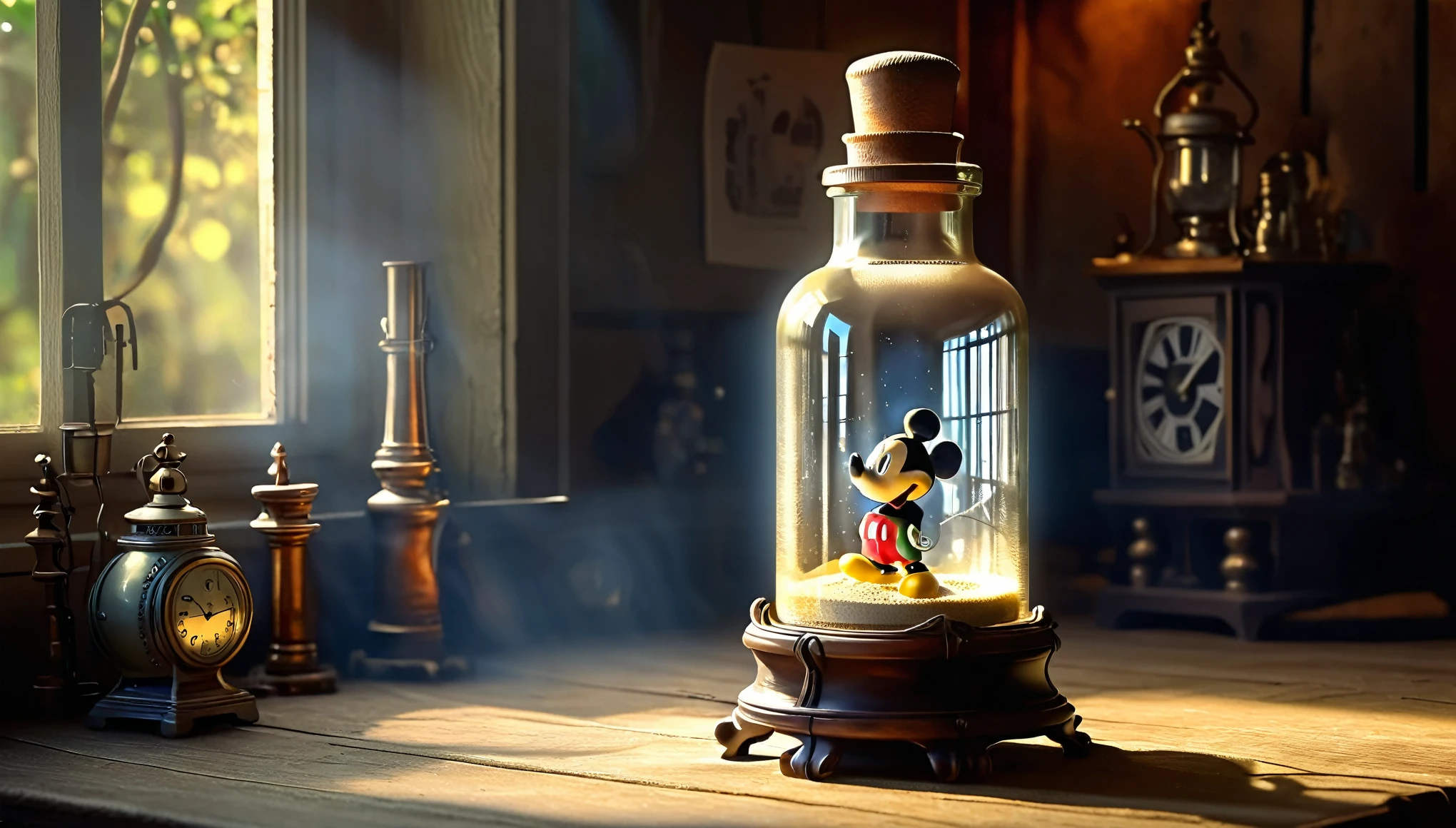 best detail of A realistic miniature. Create an image of Mickey Mouse is create magic by wizard inside vintage hour glass.and him is seated comfortably engrossed in him dragonand the A sand glass is closed with crock and placed on its side on a wooden surface. There’s soft lighting illuminating the scene, creating reflections on the glass of the bottle and casting gentle shadows. against blurred Clock Time in bottle background, 3D photo realistic, 64K UHD with Lux Core Render