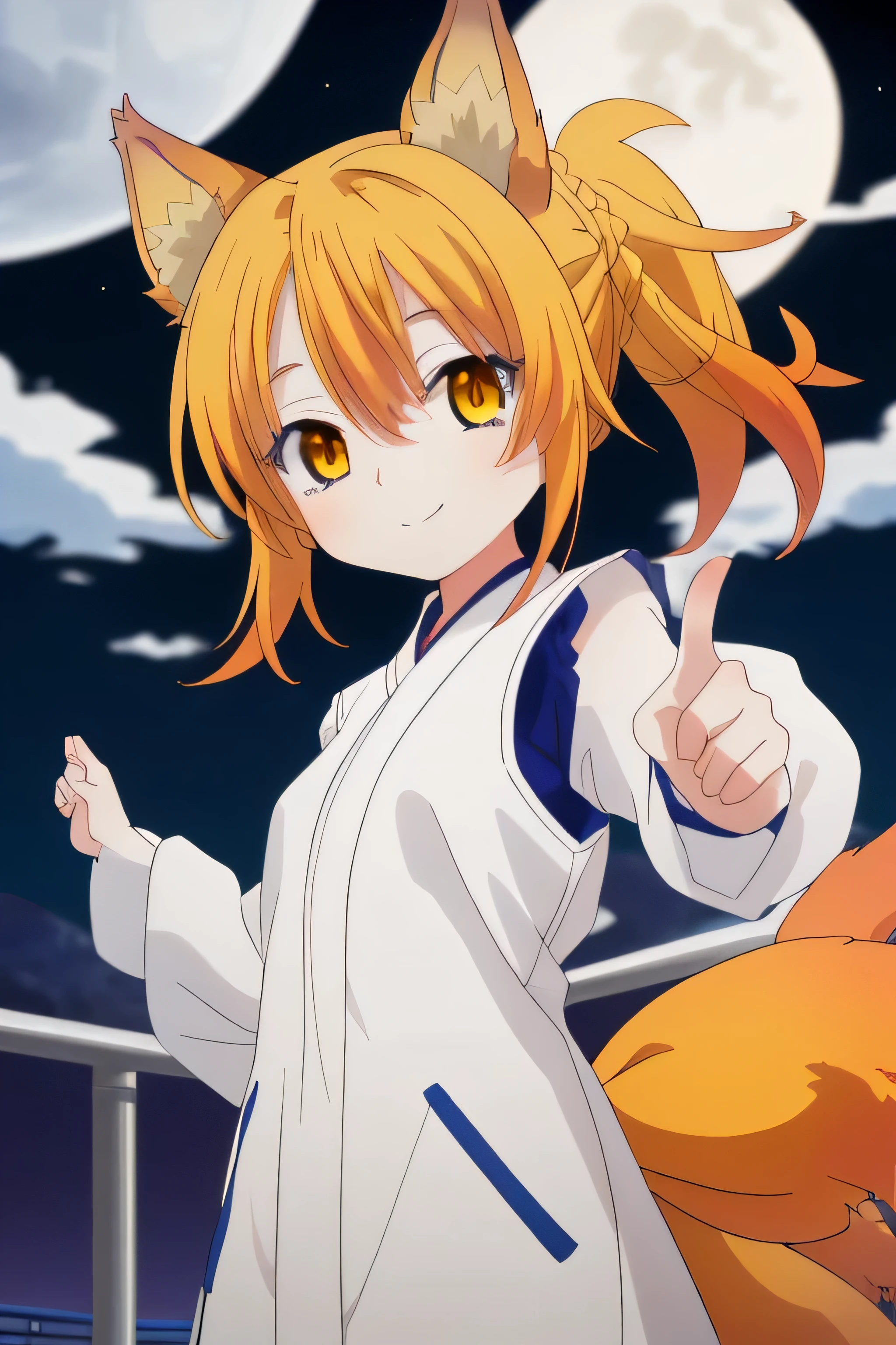 una chica kizuna muy kawaii con piel color crema, Yellow hair color and wearing an orange fighting dogi of goku and with fox ears and multiple tails with his mouth closed but with a smile on his lips on a very beautiful night with a full moon