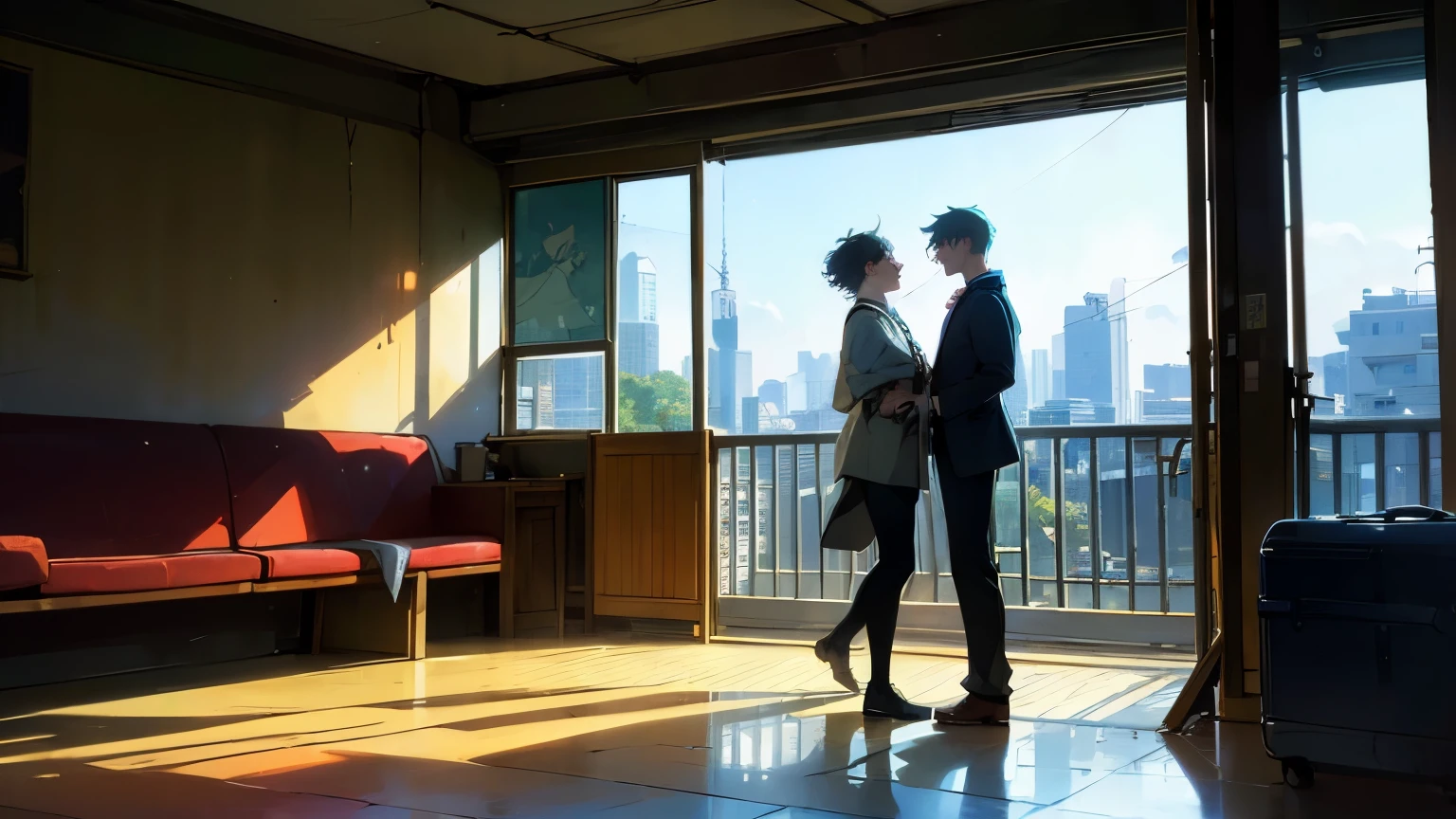 (best quality,ultra-detailed,realistic:1.37), humor,comic style,bold lines, with wide angle lens, with horizontal screen, widen in front, The room was bare, with no furniture or luggage, and the balcony had a balcony with silhouettes of buildings in the Shinjuku subcenter in the distance, and the afternoon sun was shining in through the windows. Two young men are smoking cigarettes and one is hugging the other from behind , humor,comic style,bold lines, modern gay romance, comic style,bold lines,playful colors,vibrant colors, soft lighting, depth of emotions, tender gazes, longing for connection, raw and honest, LGBTQ+ representation, urban setting, authentic expressions, compelling storytelling, dramatic composition,