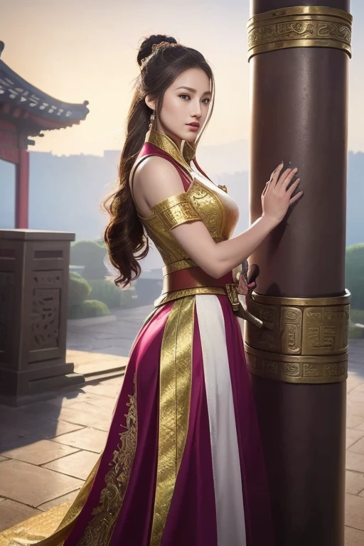 (Masterpiece，High-definition，Surreal、Digital Art:1.2)、Beautiful Female Warrior，Three Kingdoms，Fine eyes and face，Tall Woman，Chinese Warrior，Hanfu、(Dynamic pose with sword:1.2)、General temperament，Tall Woman，Strong Body，Wide ass，Cleavage、In front of the gate of an ancient Chinese castle、Full Body Portrait