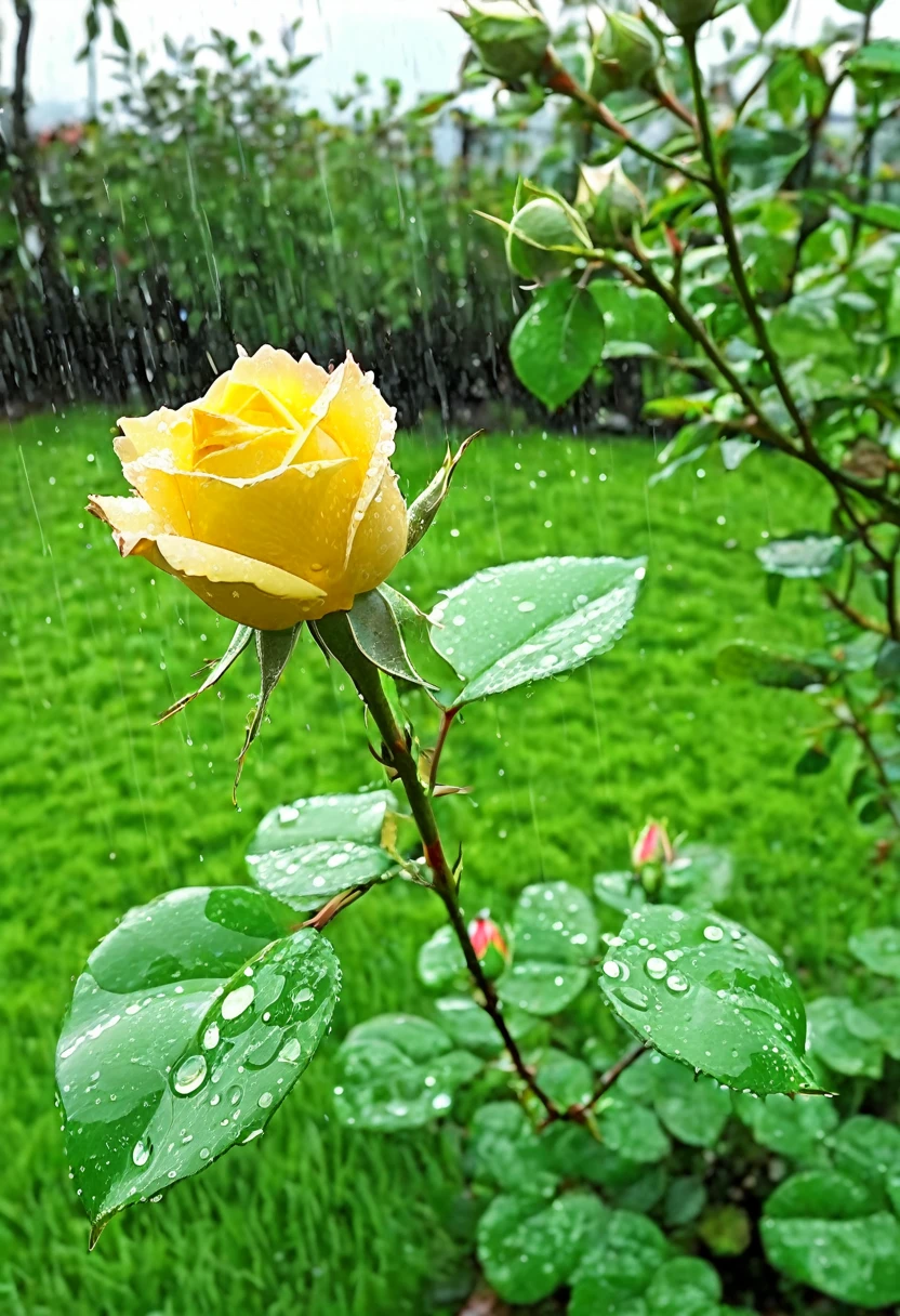 (high quality 4k ultra image, focus mode , beyond lush vegetation , in flowering garden , a rose plant, single yellow rose bud , exterior view of rose bud, on a single branch, emerald green, half bloom, freshing with rain drops , under morning sunshine.