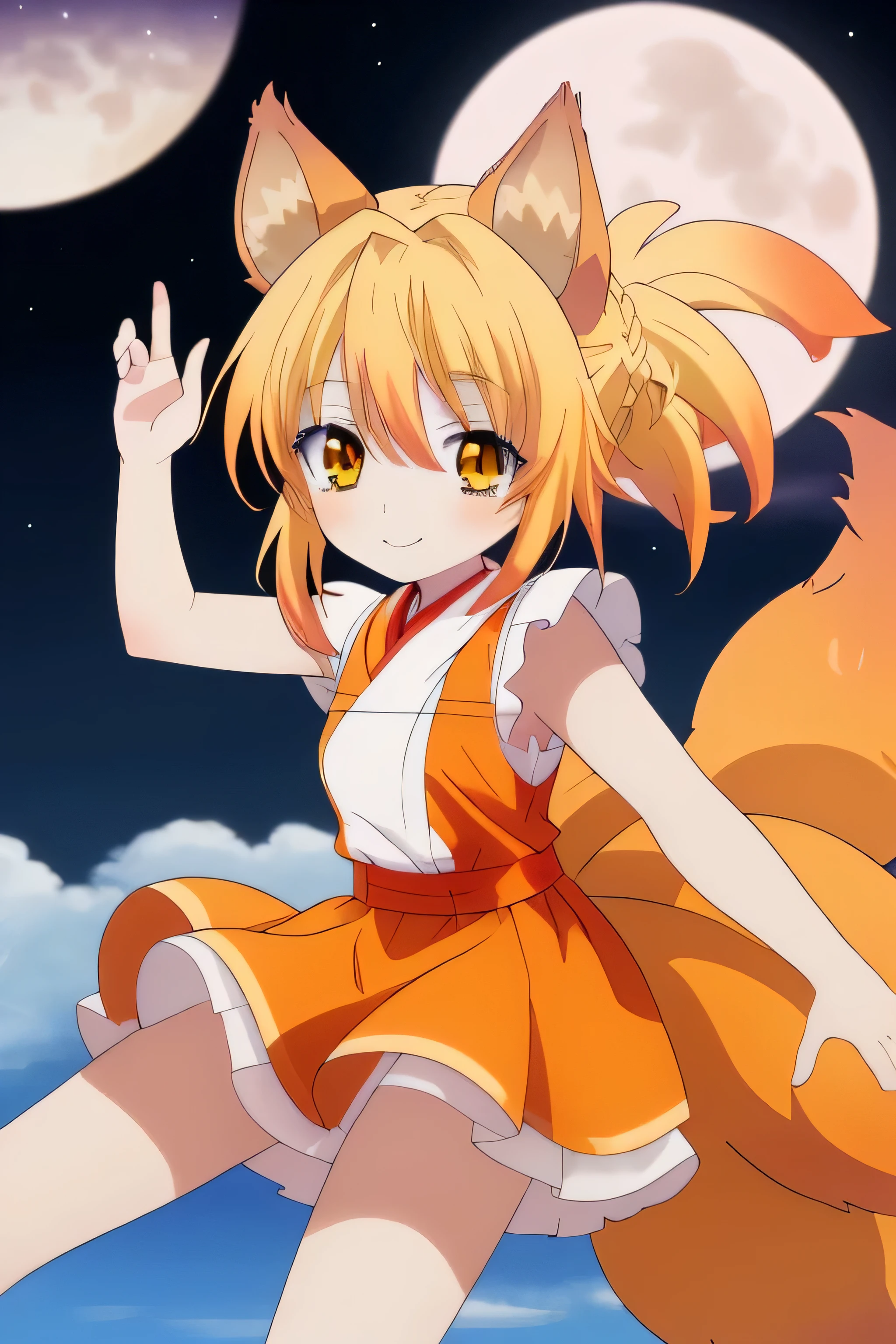 una chica kizuna muy kawaii con piel color crema, Yellow hair color and wearing an orange fighting dogi of goku and with fox ears and multiple tails with his mouth closed but with a smile on his lips on a very beautiful night with a full moon