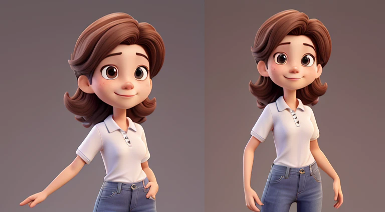 50 year old woman, housewife, brown hair, slim build, gentle, wearing a white polo shirt and jeans, anime character, manga, 3D illustration style, 3D rendering, plain background,