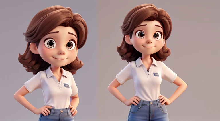 50 year old woman, housewife, brown hair, slim build, gentle, wearing a white polo shirt and jeans, anime character, manga, 3D illustration style, 3D rendering, plain background,