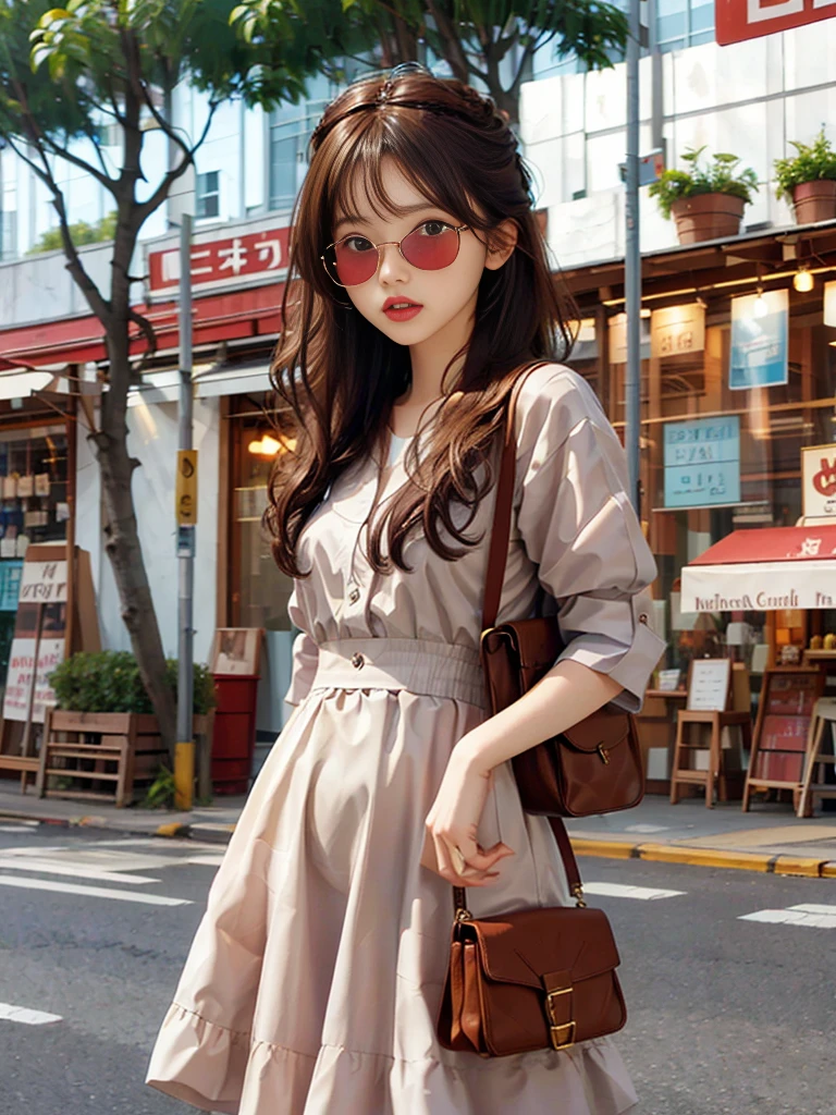 1girl, solo, long hair, looking at viewer, brown hair, dress, bag, white dress, sunglasses, handbag, red lips, adjusting eyewear