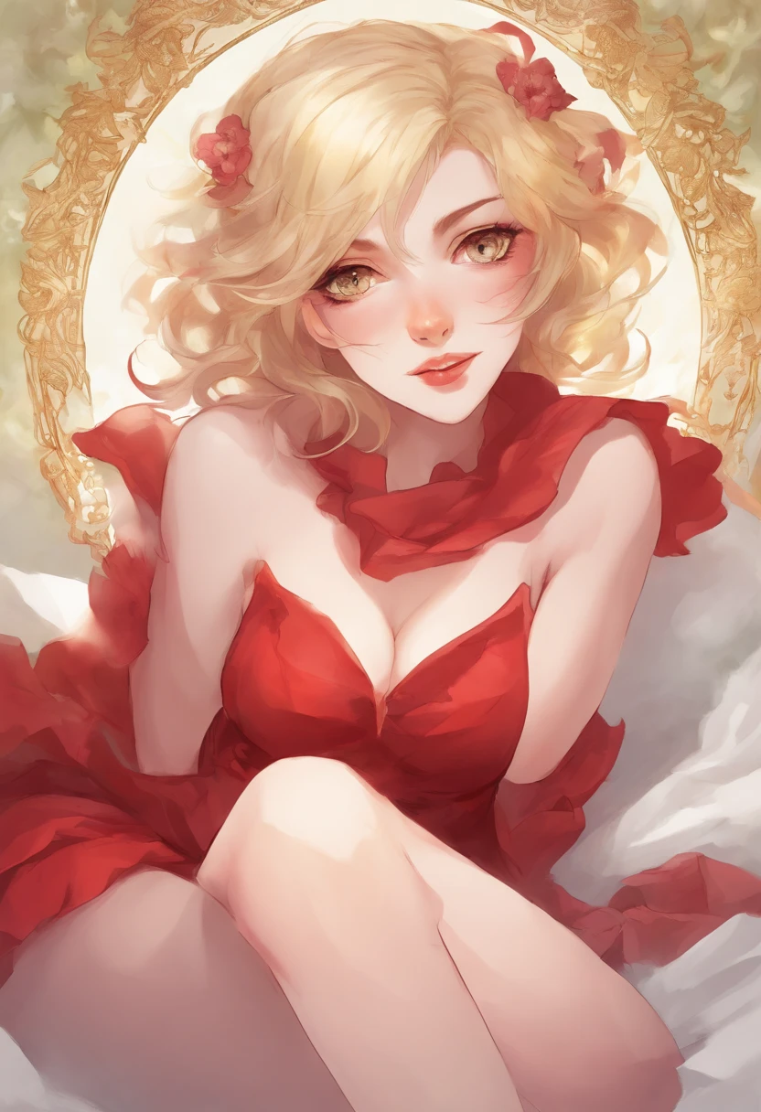 Sexy very very pale woman with blond hair and tiny red dress