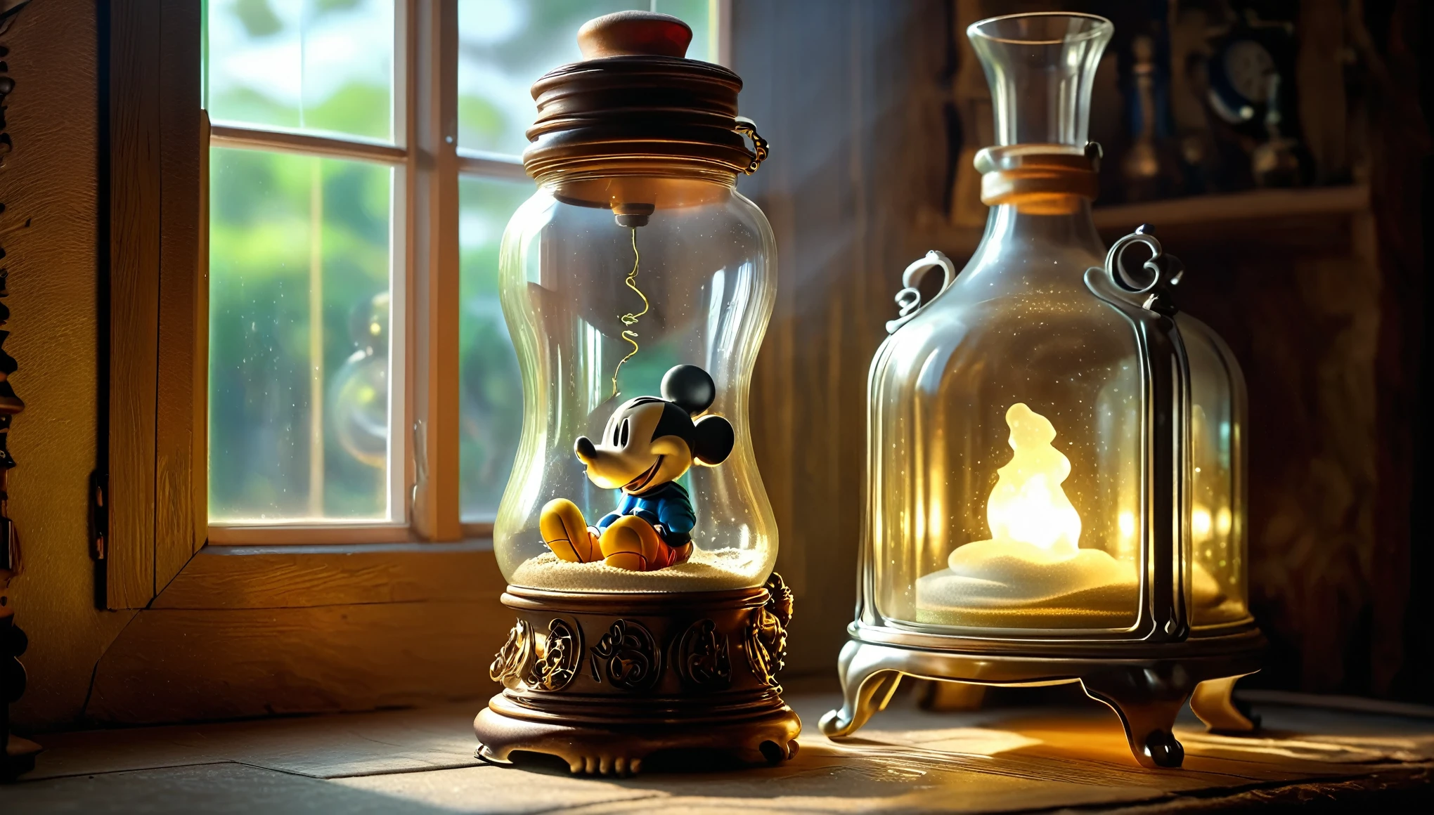 best detail of A realistic miniature. Create an image of Mickey Mouse is create magic by wizard inside vintage hour glass.and him is seated comfortably engrossed in him dragonand the A sand glass is closed with crock and placed on its side on a wooden surface. There’s soft lighting illuminating the scene, creating reflections on the glass of the bottle and casting gentle shadows. against blurred Clock Time in bottle background, 3D photo realistic, 64K UHD with Lux Core Render