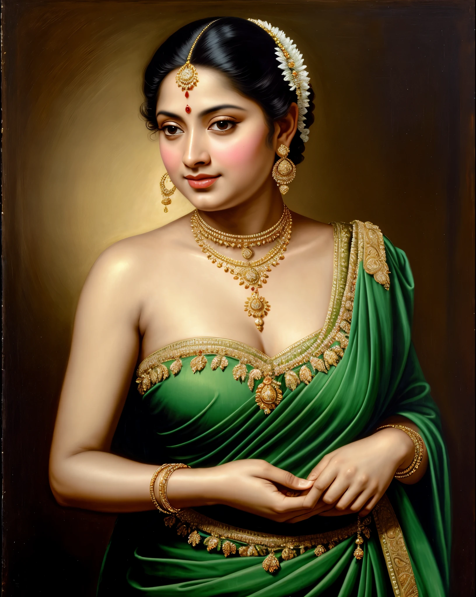 Beautiful Indian Woman, wearing saree, sari Beauty, gorgeous, Apsara, Maharani, royal queen woman, nymph from Hindu Mythology, Urvashi, matchless beauty, Highly detailed, Oil Painting by Peter Paul Rubens inspired by Raja Ravi Varma, Matchless beauty, captivating, gorgeous, heavenly beauty, celestial beauty, by Peter Paul Rubens, 13, realistic, hyper realistic, micro details, incredible artwork, insane details, ultra High resolution, 8k, 32k, acrylic on canvas, intricate, flawless, detailed, detailed face, detailed eyes, masterpiece, by Peter Paul Rubens, by Caravaggio, by William Adolphe bouguereau, perfect face, perfect body, beautiful art, realism, baroque, renaissance Art, highly textured, beautiful and detailed eyes, uhd, best quality,
