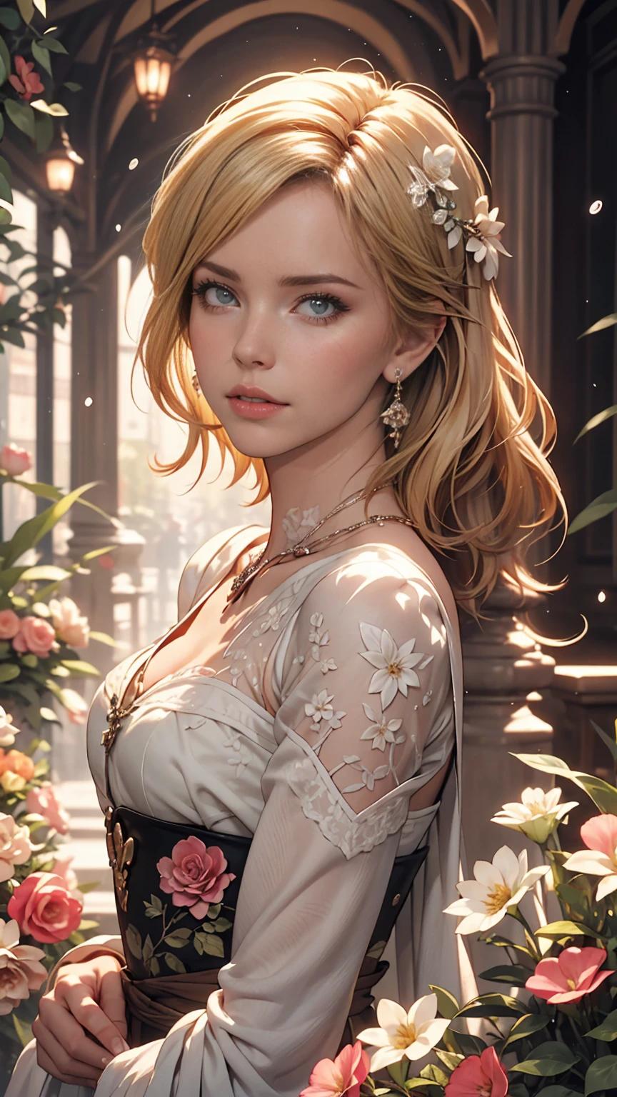 Better Quality,4K,8k,High resolution,Master Parts:1.2),Ultra-detailed,(Realistic,Realistic,Photorealistic:1.37),Portraiture,woman,long flowing hair,Whitish iris,Hollow Gaze,Plump pink lips,White flowers bloom on the tips of her hair,Interesting appearance,Medium Shot,Black Dress.Long delicate legs