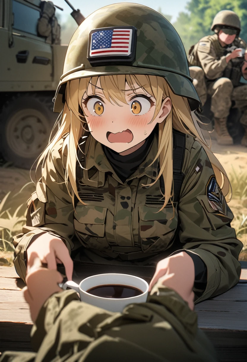 High quality, high definition, high precision images,8k Full HD.1 girl.America,army Modern soldier,camouflage,Blonde girl with hair, sitting in a forest field, military trucks,Olive Tent Eating canned food, a cup of coffee,(Soldier in the background A rabbit is about to pounce.) Surprised face、Wear a camouflage helmet.Side view