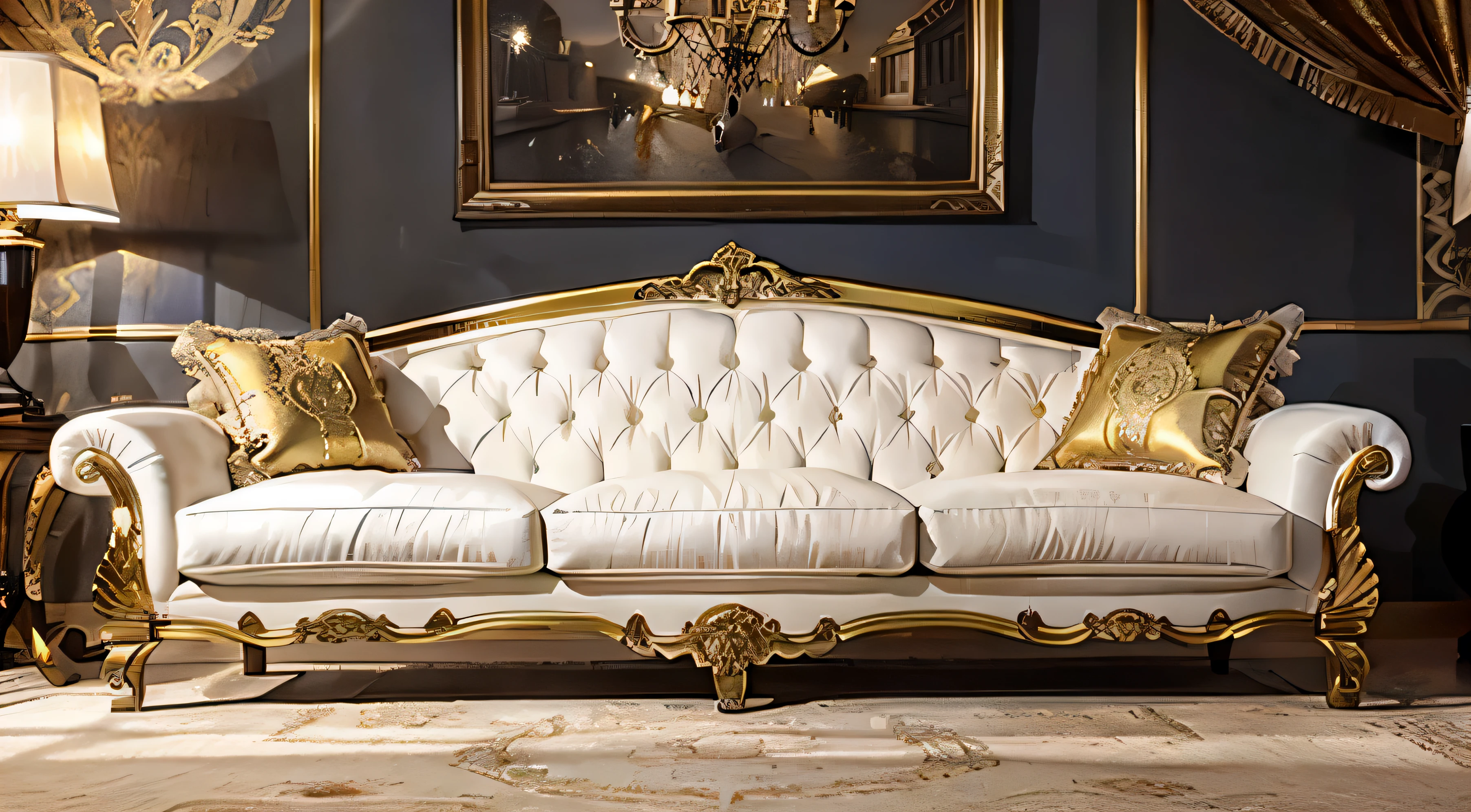 arafed white couch with gold trim and pillows in a room, luxury furniture, elegant furniture, ornate with gold trimmings, ivory rococo, elegant baroque, lavish rococo baroque setting, white elegant baroque design, furniture and decor, ornate furniture, baroque, elegant and ornate, elegant and refined, baroque style, ornate and elegant, ornate gold