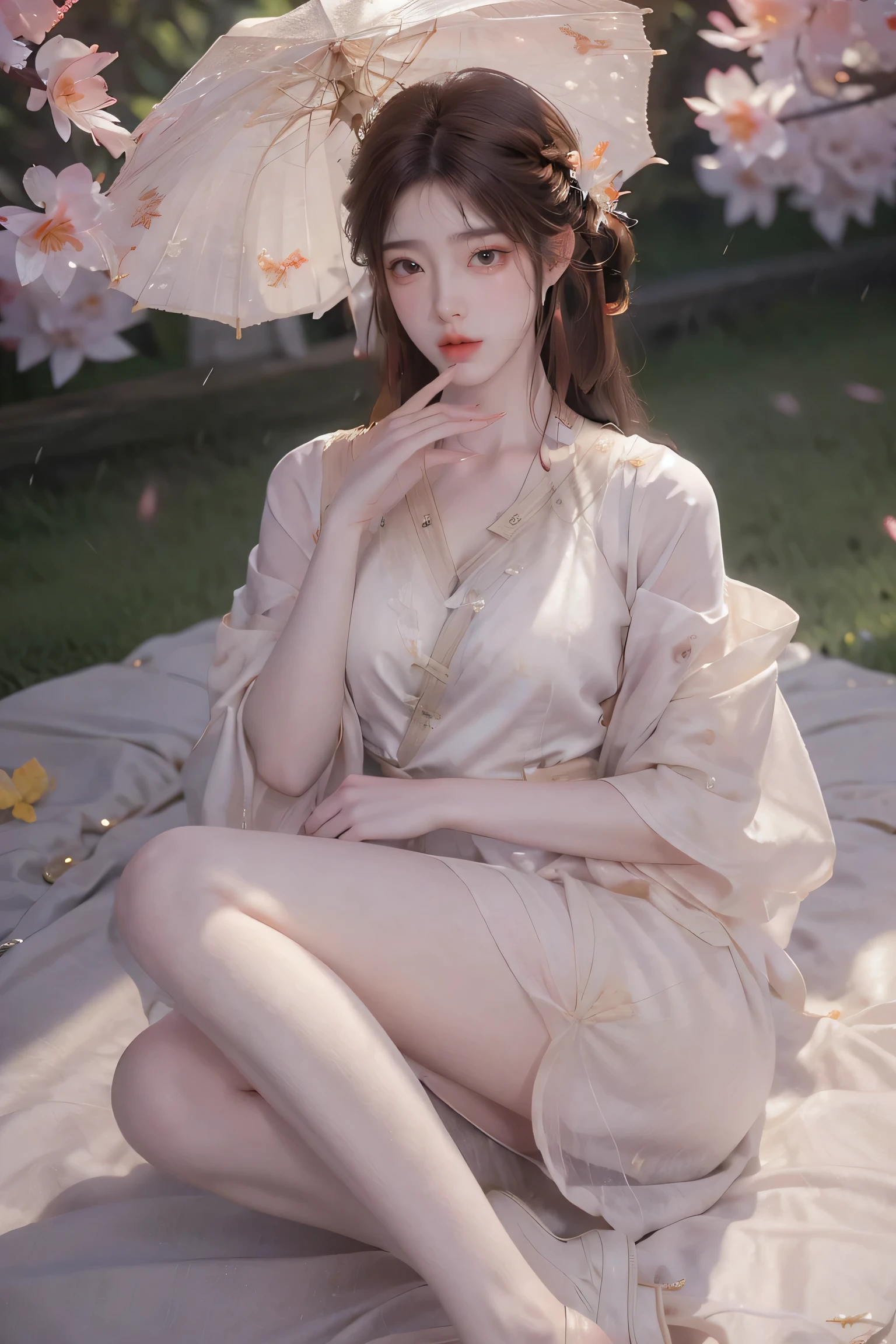 dress, ((knee shot)), fashi-girl, red lips, mature female, makeup, photorealestic、real photograph、((realisticlying:1.5))、There are white butterfly orchids around the hair，Lilac dendrobium、white lilies、1 girl in、Brown hair、floated hair、Hazy beauty、A plump chest, Nice, cleavage, slender leg, Seductive legs, posing elegantly, Have extremely beautiful facial features、Hairpin on the head、perfect hand、(springtime、raining day、butterflys、precipice)、 vectorial art、Chinese contemporary art、Soft lighting、looking-down