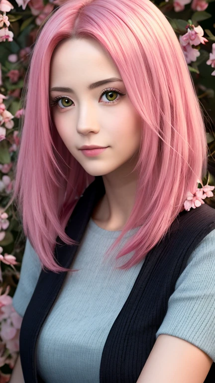 Obra maestra de alta calidad, sakura haruno, Una mujer de anime con cabello rosado y ojos verdes, sakura haruno, Estilo de arte digital, high resolution, ARTE realista, sakura haruno, Harunos Sakura, Solo, 1 chica, cabellos largos, pelo largo, Reina de las Hadas, alta, Hermoso y muy detallado