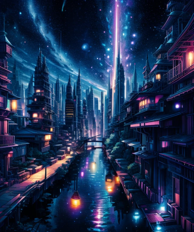 Sheet music playback、Colorful sheet music is played、Cute girl characters、 Night view from a high place、Drawing a large number of skyscrapers, Looking up at the starry sky. Surround her with colorful nebulae and colorful metropolis.