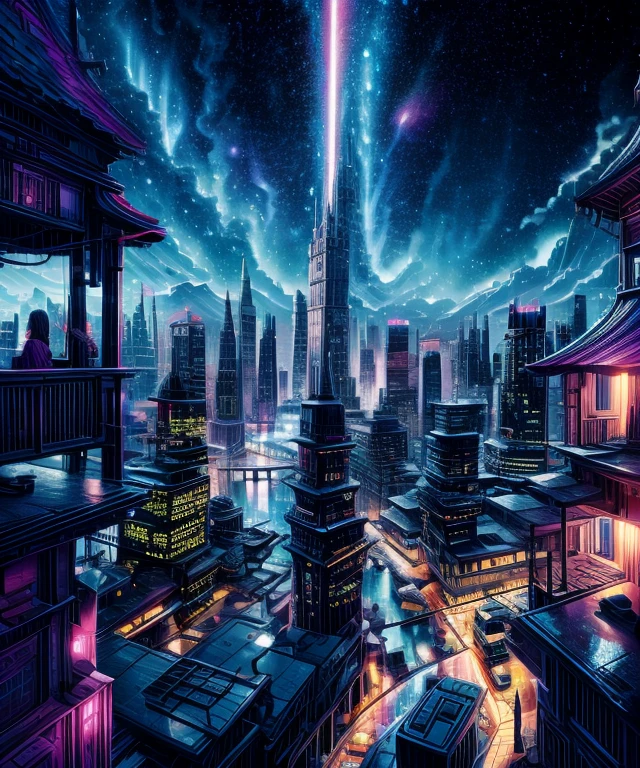 Sheet music playback、Colorful sheet music is played、Cute girl characters、 Night view from a high place、Drawing a large number of skyscrapers, Looking up at the starry sky. Surround her with colorful nebulae and colorful metropolis.