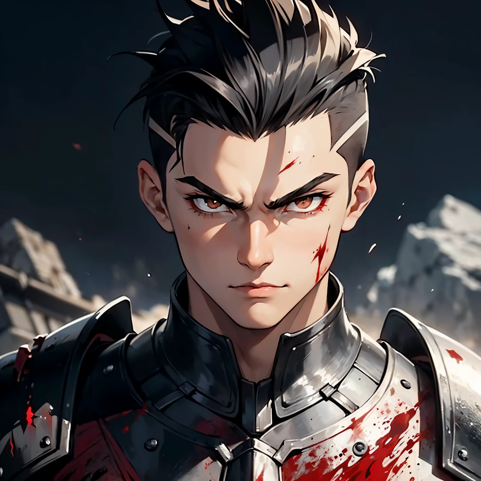 Shot of a very white skin young man knight, 18 years old);
(Full body);
((Masterpiece, 8k concept art, high definition, sharp focus, anatomical accuracy));
(Medieval style, dramatic light, black background, lava spleshes, red sky, smoke, colorful:1.2, vivid colors);
Dynamic pose;
((Heavy black medieval armor, scales of metallic black dragon, painted blood pattern));
Brown eyes;
Short black hair, ((short hair on the sides, combed back on top, undercut));
serious expression, thick eyebrows, oval face, high cheekbones;
Shaved face.