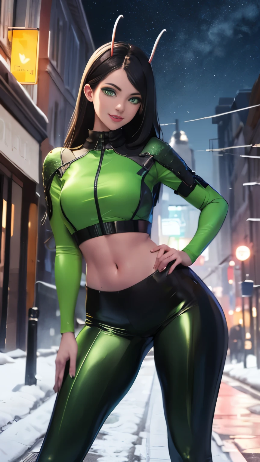 (Highly quality, masterpiece, detailed), science fiction city detailed scenario, night snowing city detailed background, 20 years old girl, solo, mantisg, black hair, green eyes, antennae, looking at viewer, black and green leather crop top, black and green leather pants, sleeve, smile, navel, perfect face, beautiful eyes, looking at the viewer, Sexy pose