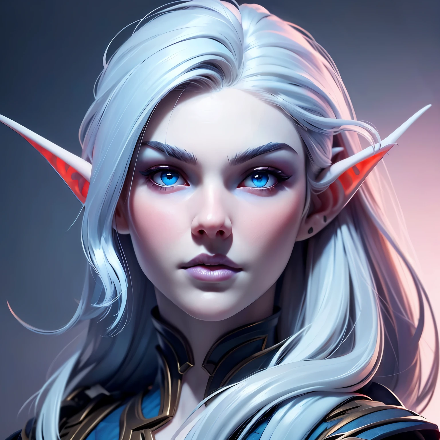 beautiful portait of night_elf female in her 20s with fit body , perfect face feature ,(pale blueish skin:1.5) (blunt bob hair), (silver hair color), (blue eyes color), thick kissable lips , thin nose ,pointy ears, (shenelf)