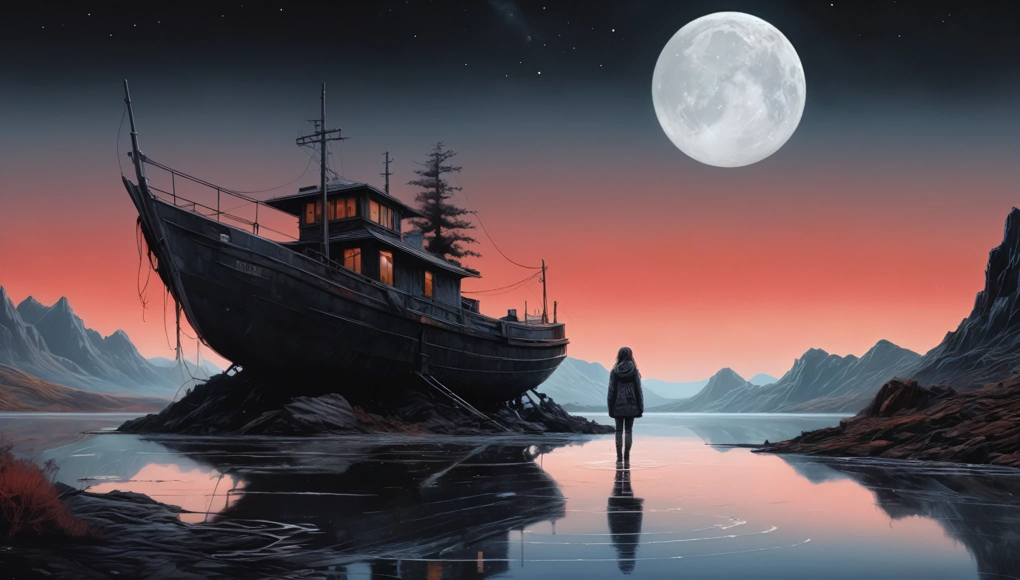 boat on lake, rocks, night, milky way, reflection in water, synthwave, vortex, authentic landscape, intricate details, extremely detailed, shale-gray atmosphere, Julie Mehretu,Brian Oldham,Patrick Dougherty,Rubyfall Spectrolite Na'vi ,troll,long hair,pretty face,eyebrow up,full body shot,ominous landscape,Simon Stalenhag,native armenia,Wangechi Mutu,prime colors,urban,extremely detailed, [night landscape],masterpiece,intricate details,eyes extremely detailed, high detailed eyes,city in mountain on background,niobium Chalcopyrite moon,Obsidian Alien Entity,ominous landscape, niobium Obsidian atmosphere,dangerous,full body length, sassiness,pretty face,intricate details,realistic humid skin,extremely intricate details,anatomically correct,High contrast,Ultra HD,HDR,photo,photorealism,Masterpiece, natural skin textures, hyper realism,hyper detailed,High contrast,Realism,Ultra Detailed,irina yermolova, close full body shot,32K resolution,Nikon Z9,full body length,Manganite babygirl ,pretty face,eyebrow up,long boney fingers,pencil drawing,detailed hand structure,veiny hands,gnarled knuckles,stretched tendons,thin and delicate fingers,(high contrast, black and white),light and shadows,subtle shading,dramatic perspective,(fine etching:1.1),realistic textures and wrinkles,meticulous hatching,precision and accuracy,sketchy lines,rich graphite tones,highly defined finger joints,creases and folds,soft smudging,gradient values,expressive gestures,broken nails,filigree rings,dainty engagement ring,aged skin,slight calluses,powerful hand movements,mysterious and elegant(hand) posture,just a touch of red,subdued background,mysterious atmosphere ,ominous landscape,glate gray atmosphere,by art Simon Stalenhag,(((Wangechi Mutu))),Cuprite town,stalker,goblin,islands levitating above ground
