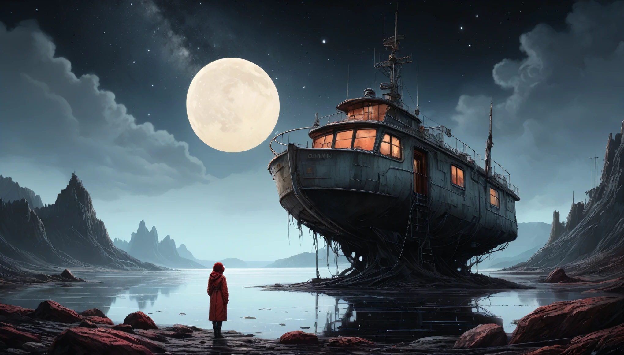 boat on lake, rocks, night, milky way, reflection in water, synthwave, vortex, authentic landscape, intricate details, extremely detailed, shale-gray atmosphere, Julie Mehretu,Brian Oldham,Patrick Dougherty,Rubyfall Spectrolite Na'vi ,troll,long hair,pretty face,eyebrow up,full body shot,ominous landscape,Simon Stalenhag,native armenia,Wangechi Mutu,prime colors,urban,extremely detailed, [night landscape],masterpiece,intricate details,eyes extremely detailed, high detailed eyes,city in mountain on background,niobium Chalcopyrite moon,Obsidian Alien Entity,ominous landscape, niobium Obsidian atmosphere,dangerous,full body length, sassiness,pretty face,intricate details,realistic humid skin,extremely intricate details,anatomically correct,High contrast,Ultra HD,HDR,photo,photorealism,Masterpiece, natural skin textures, hyper realism,hyper detailed,High contrast,Realism,Ultra Detailed,irina yermolova, close full body shot,32K resolution,Nikon Z9,full body length,Manganite girl ,pretty face,eyebrow up,long boney fingers,pencil drawing,detailed hand structure,veiny hands,gnarled knuckles,stretched tendons,thin and delicate fingers,(high contrast, black and white),light and shadows,subtle shading,dramatic perspective,(fine etching:1.1),realistic textures and wrinkles,meticulous hatching,precision and accuracy,sketchy lines,rich graphite tones,highly defined finger joints,creases and folds,soft smudging,gradient values,expressive gestures,broken nails,filigree rings,dainty engagement ring,aged skin,slight calluses,powerful hand movements,mysterious and elegant(hand) posture,just a touch of red,subdued background,mysterious atmosphere ,ominous landscape,glate gray atmosphere,by art Simon Stalenhag,(((Wangechi Mutu))),Cuprite town,stalker,goblin,islands levitating above ground