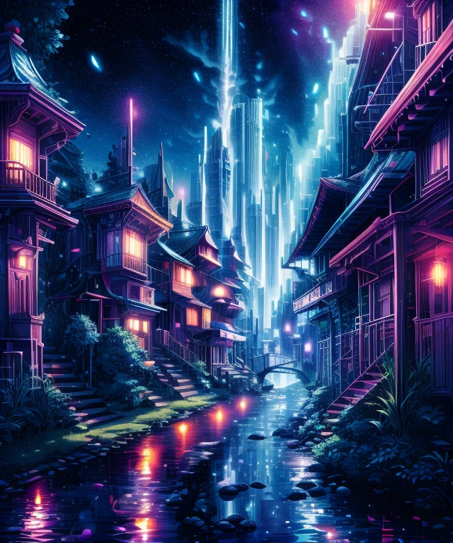 Sheet music playback、Colorful sheet music is played、Cute girl characters、 Night view from a high place、Drawing a large number of skyscrapers, Looking up at the starry sky. Surround her with colorful nebulae and colorful metropolis.