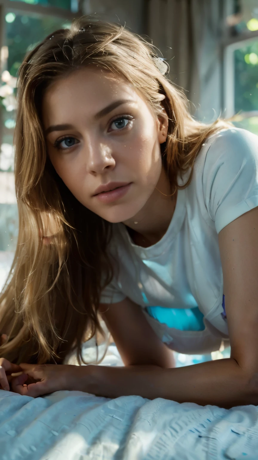professional, (4k photo:1.1) by (Jeremy Lipking:0.3), (Dittmann Anna:0.3), (Arian Mark:0.3), (Sharp focus:1.3), high detail, wearing (tight shirt:1.2), beautiful detailed face, (masterpiece, best quality, high resolution:1.4), 1girl, skin pores texture, Hair blonde, HD , Photography, movie, cinematic, full Body, Realistic, (8k, RAW photo, best quality, masterpiece:1.2), (realistic, photo-realistic:1.33), best quality, detailed eyes blue, cute,natural lighting, depth of field, film grain, wrinkled skin, sharp, detailed and realistic portrait of a woman, lying under covers on a bed, looking sad and weak, ((full body photo)), long straight light blonde hair, very large bed, very  short woman, very large breasts under the covers