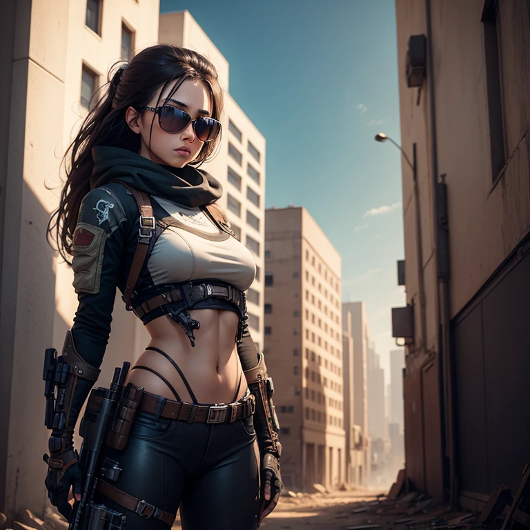 Biomechanical girl stalker, post apocalypse, cinematic, full height, realism, High, permission, detailing,rifle, sunglasses