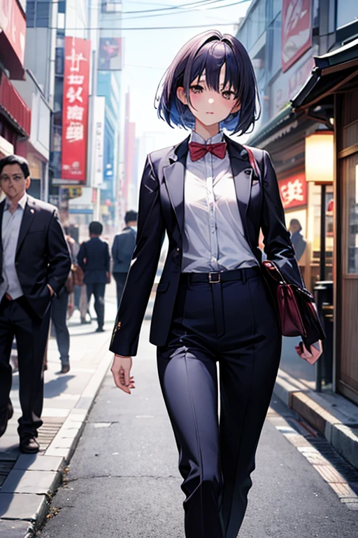 Enchanting anime girl, Naughty, Naughty anime style, Beautiful and attractive anime woman, Top rated on pixiv、beautiful girl、Japanese、Smaller breasts、Insurance sales、Quiet、Inconspicuous、suit、Walking down the street、Short Bob
