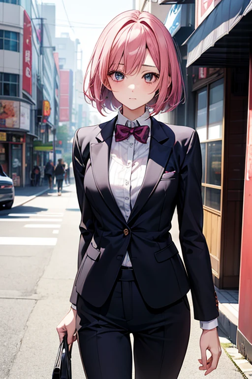 Enchanting anime girl, Naughty, Naughty anime style, Beautiful and attractive anime woman, Top rated on pixiv、beautiful girl、Japanese、Smaller breasts、Insurance sales、Quiet、Inconspicuous、suit、Walking down the street、Short Bob