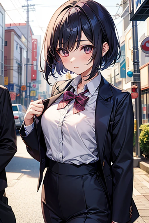 Enchanting anime girl, Naughty, Naughty anime style, Beautiful and attractive anime woman, Top rated on pixiv、beautiful girl、Japanese、Smaller breasts、job hunting、suit、Walking down the street、Short Bob