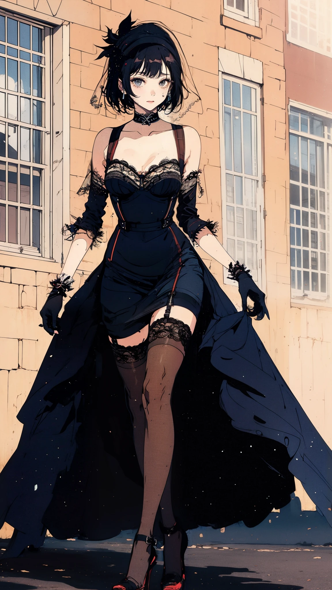 ((Best quality)),ultra detailed, Young woman, Succubus, stockings with suspenders, playful look, long sleeves, bare shoulders, hat with veil, heels with line, vintage, went out for a walk and leaned over for a color, sniffs it