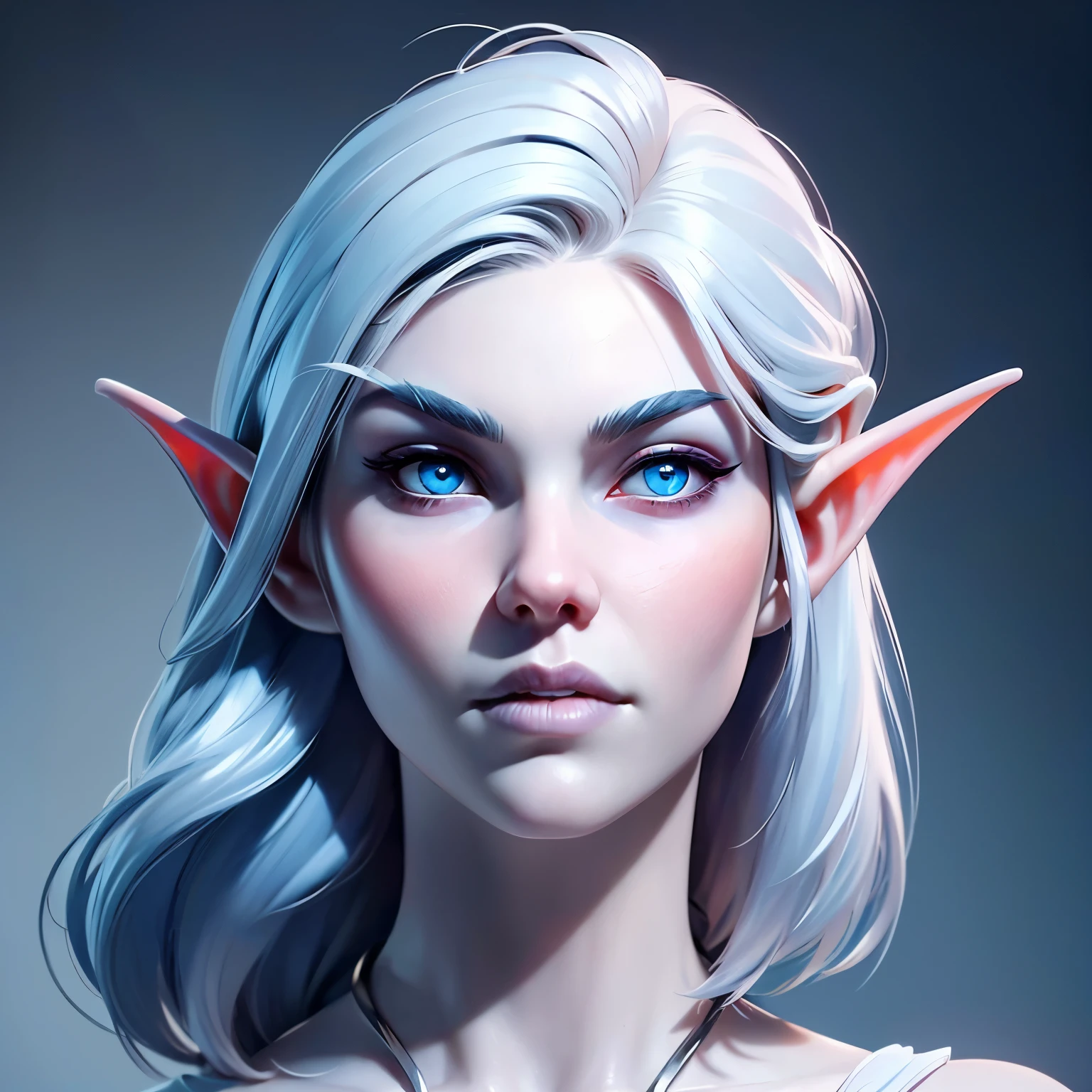 beautiful portait of night_elf female in her 20s with fit body , perfect face feature ,(pale blueish skin:1.5) (blunt bob hair), (silver hair color), (blue eyes color), thick kissable lips , thin nose ,pointy ears, (shenelf)