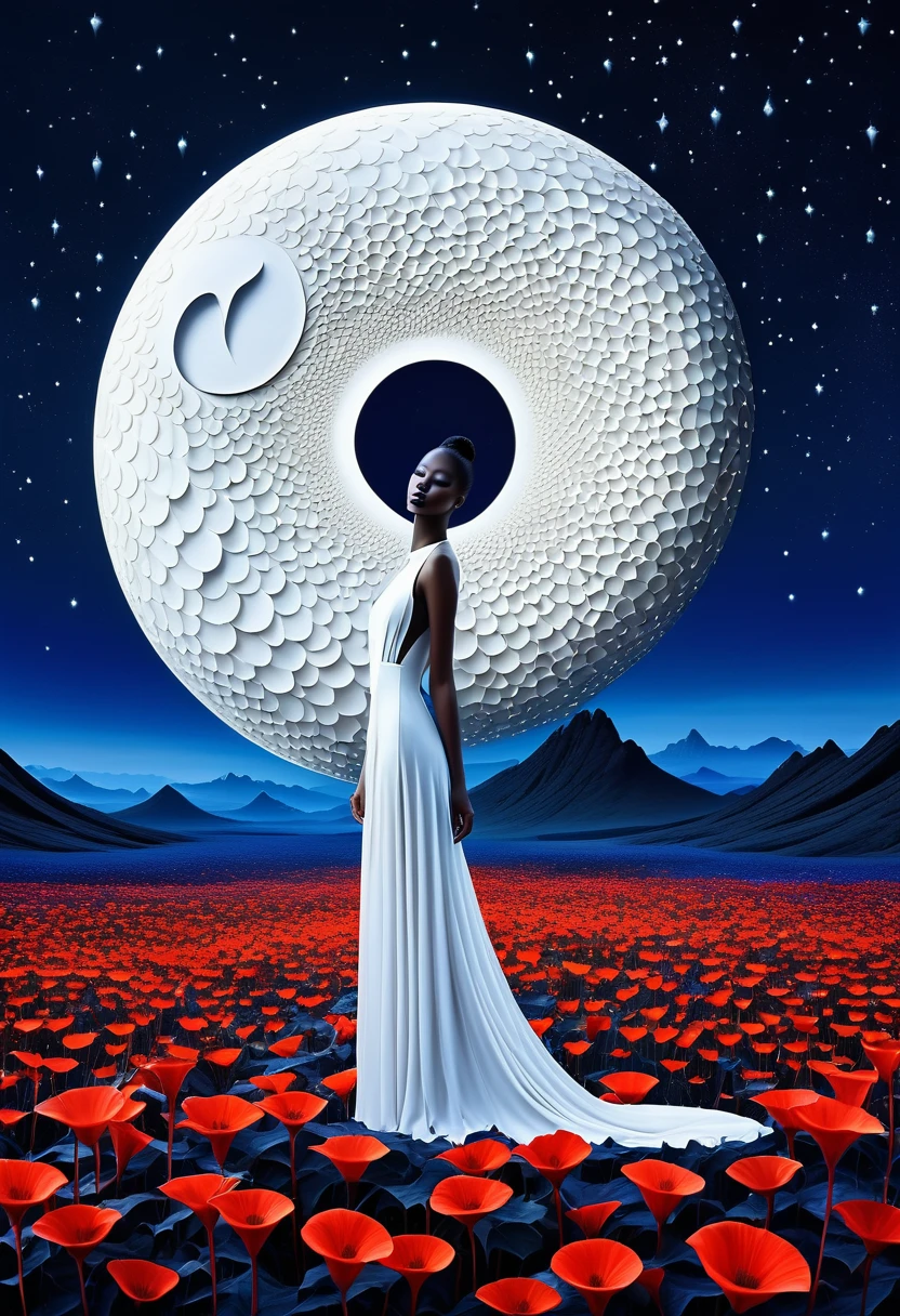A mesmerizing digital painting captures the essence of two otherworldly creatures, with porcelain skin and strong spots, which form a striking contrast. They symbolize the good in white and the evil in black. in yin yang style The creature is in a modern, stilvolles Gewand gekleidet, das Eleganz ausstrahlt, while standing gracefully amidst a radiant field of bright red moonflowers. The harmony of the twilight and midnight blue tones in the background creates a dreamy, surreal atmosphere. Drahtstrukturen und Disco-Core-Modeelemente rufen eine postapokalyptische, futuristic atmosphere, while the creature’s hyper-realistic details draw the viewer into its captivating, mystical world.