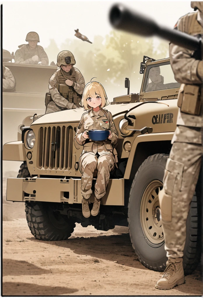 High quality, high definition, high precision images,8k Full HD.1 girl.America,army Modern soldier,camouflage,Blonde girl with hair, sitting in a forest field, military trucks,Olive Tent Eating canned food, a cup of coffee,(Soldier in the background A rabbit is about to pounce.) Surprised face、Wear a camouflage helmet.Side view A big rabbit jumps on a soldier,