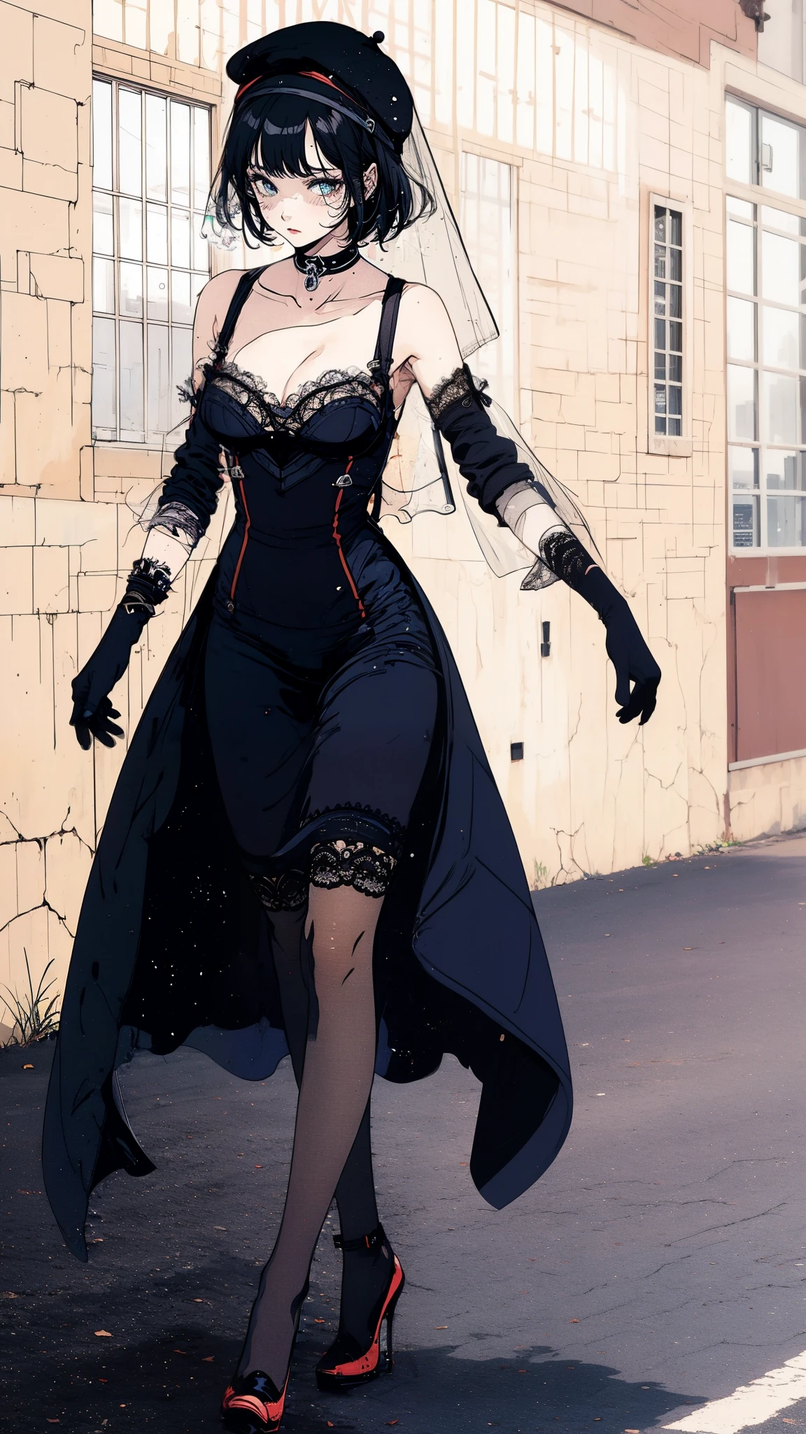 ((Best quality)),ultra detailed, Young woman, Succubus, stockings with suspenders, playful look, long sleeves, bare shoulders, hat with veil, heels with line, vintage, went out for a walk and leaned over for a color, sniffs it