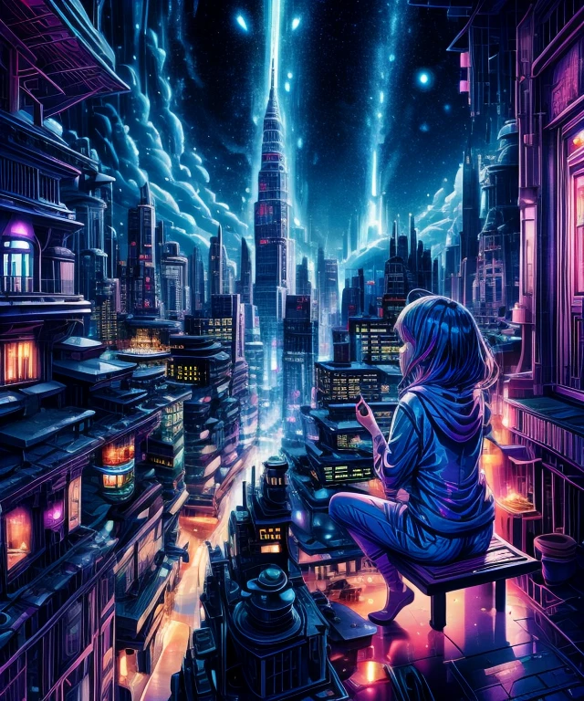 Sheet music playback、Colorful sheet music is played、Cute girl characters、 Night view from a high place、Drawing a large number of skyscrapers, Looking up at the starry sky. Surround her with colorful nebulae and colorful metropolis.