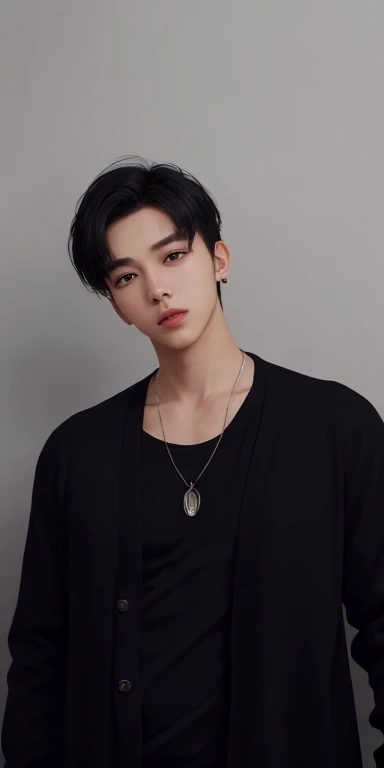 male in black cardigan and black shirt, collar bone, grey wall background, handsome boy\'s plump lips, round face shape, black hair, black korean hairstyle, silver neckclase, iphone lens, detailed, realistic