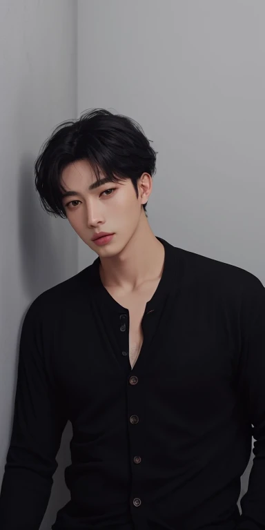 male in black cardigan and black shirt, collar bone, grey wall background, handsome boy\'s plump lips, round face shape, black hair, black korean hairstyle, silver neckclase, iphone lens, detailed, realistic