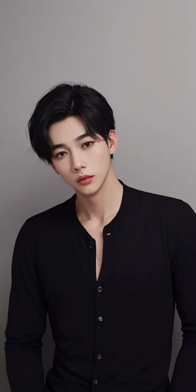 male in black cardigan and black shirt, collar bone, grey wall background, handsome boy\'s plump lips, round face shape, black hair, black korean hairstyle, silver neckclase, iphone lens, detailed, realistic