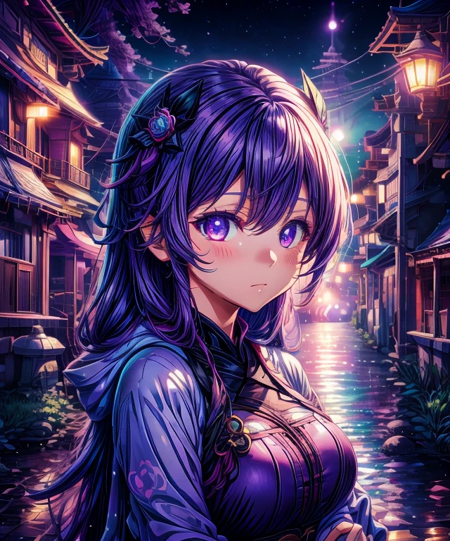 anime girl with purple hair and purple eyes in a purple outfit, ayaka genshin impact, [[[[grinning evily]]]], akasuki voidstar, onmyoji portrait, hajime yatate, anime moe artstyle, portrait knights of zodiac girl, keqing from genshin impact, ayaka game genshin impact