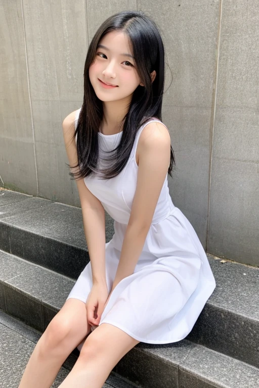 Schoolgirl、Clear skin、校服、Shirt、 Body、taller、skirt by the、((((White panty)))、(((Panchira)))、School route、Spring season、top-quality、超A high resolution、(Photorealsitic:1.4)、Beautiful eyes、Super beauty、Shorthair、Beautiful breasts、Inviting look、Sexy smile、Perfect Style、Perfect balance、Detailed skin、Naughty gaze, Flipping skirt, Get down on one knee、crouching down、From below、Skinny Legs